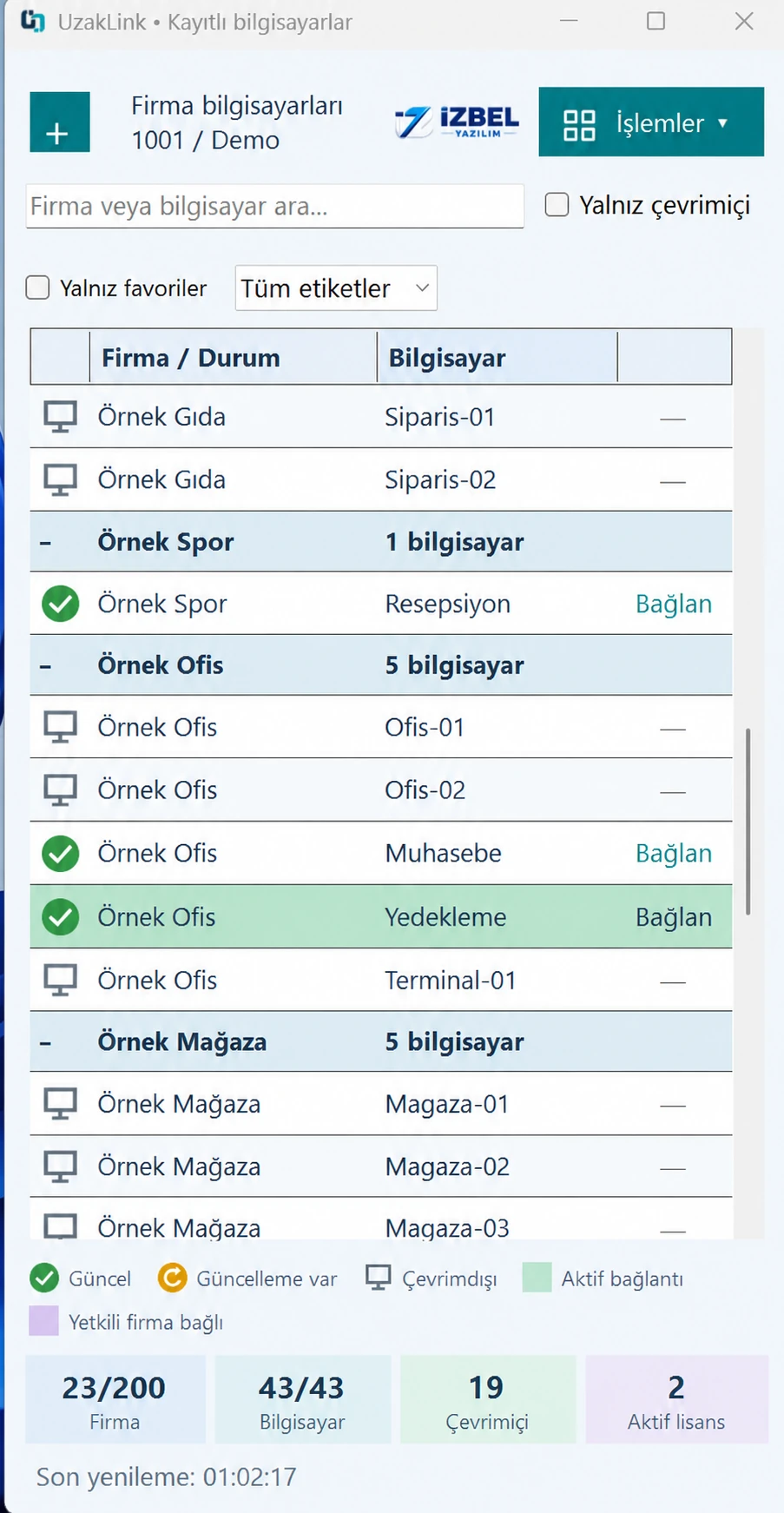 Örnek verilerle kayıtlı cihazlar ekranı